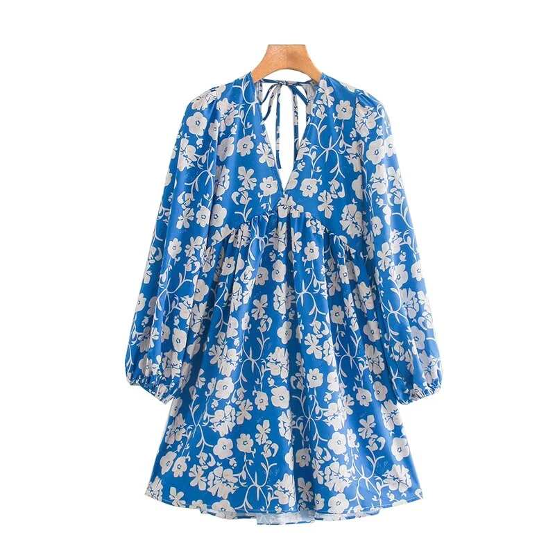 TRAF Women Chic Fashion Floral Print Pleated Mini Dress Vintage Backless Puff Sleeve Female Dresses Vestidos Mujer