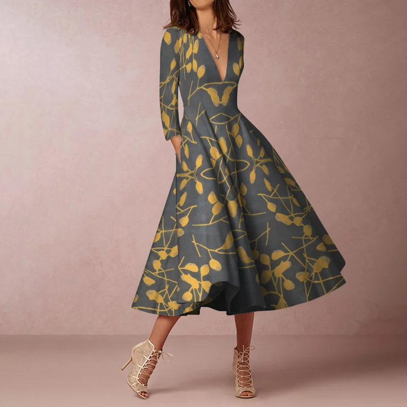 Contrast Print Mid Sleeve Midi Dress