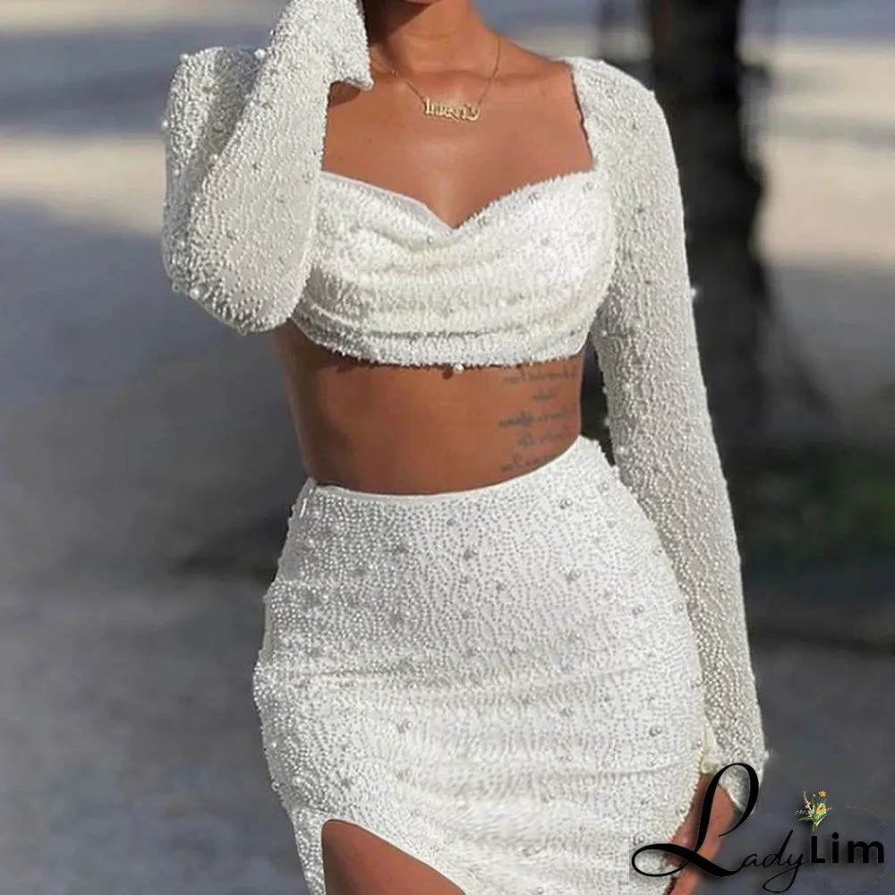 Fall Chic Beading Long Sleeve Square Neck Crop Top Slit Skirt Two Piece Set