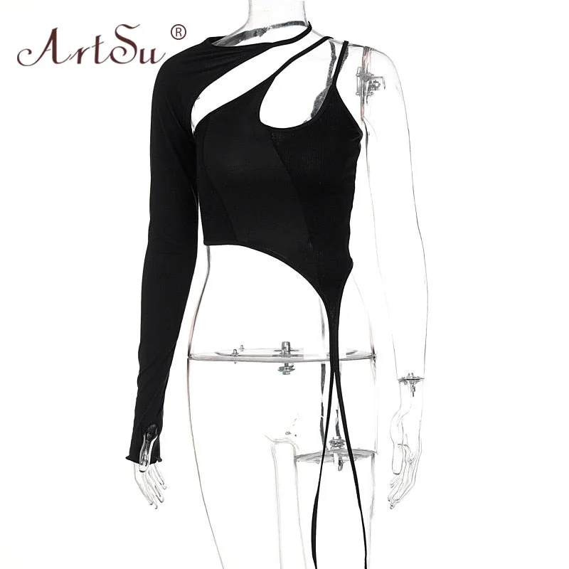 ArtSu Autumn Women Solid Slip Halter One Shoulder Asymmetric Hollow Out Black Crop Top Streetwear Sexy Club Tops Tshirts