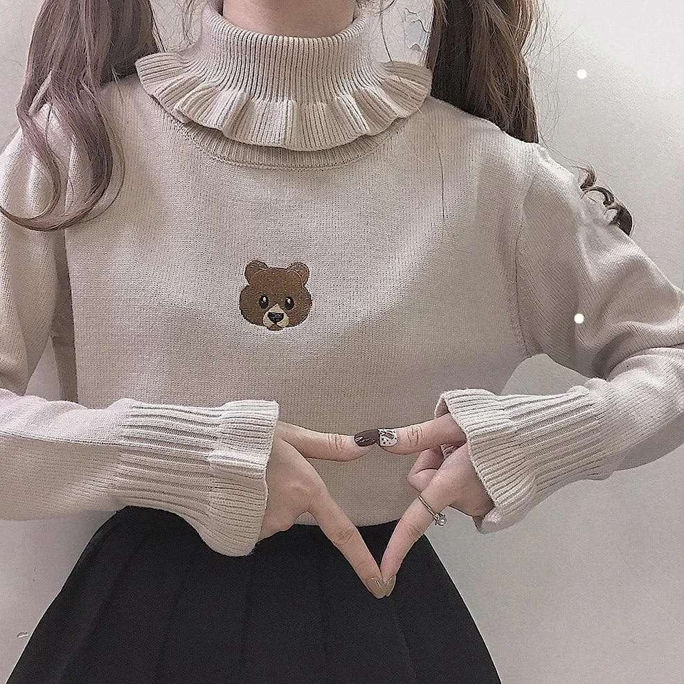 Milk Tea/White/Black Cute Bear Girl Sweater SP14271