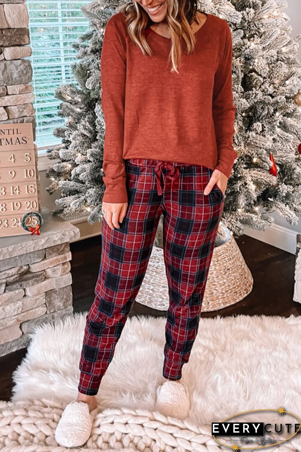 Solid Long Sleeve Top and Plaid Pants Loungewear