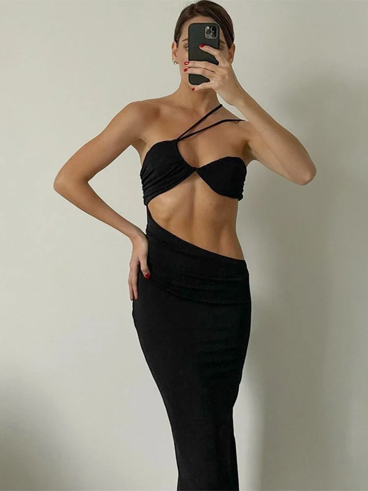 Jacuqeline Summer Y2K Midi Elegant Dresses for women 2022 Beach Party Club Backless Sexy Cut Out Halter Bodycon Dress Holiday