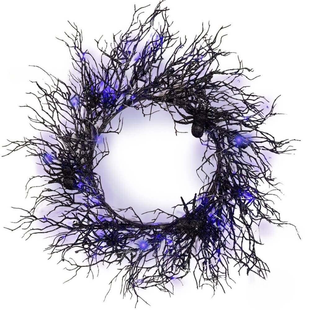 Halloween Spider Wreath with Purple LED Lights