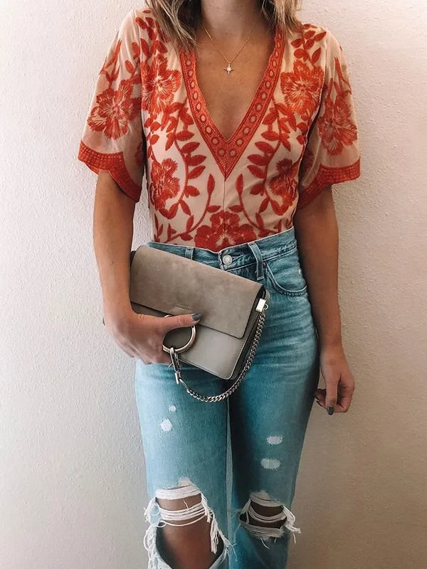 Printed Floral Short Sleeve Shirts & Tops