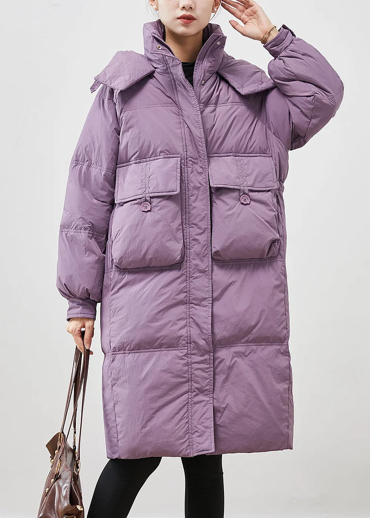 Unique Purple Hooded Pockets Duck Down Puffers Jackets Winter