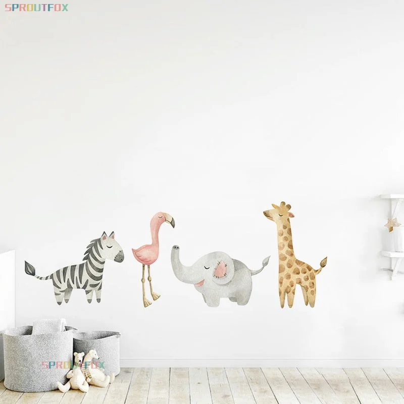 Nordic Cartoon Animals Wall Sticker for Kids Room Nursery Baby Boys Bedroom Wall Decals Zebra Flamingo Elephant Giraffe Stickers