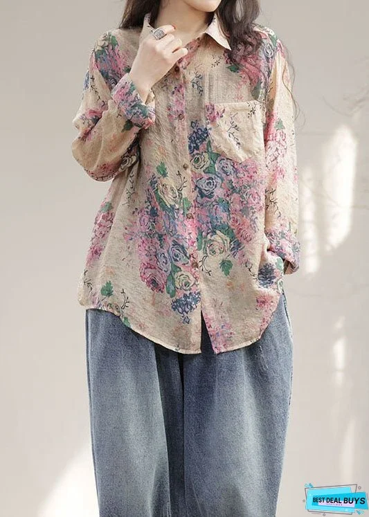 Modern Pink Peter Pan Collar Print Patchwork Linen Tops