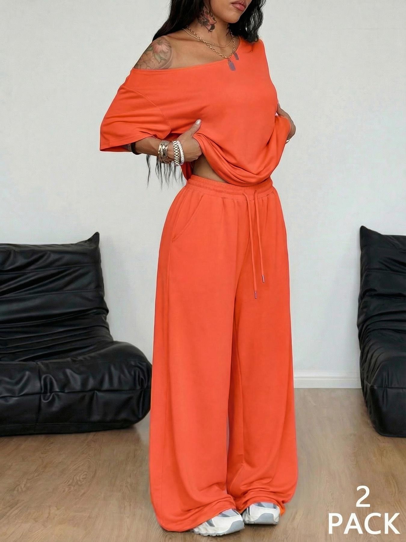 2pcs/Set Women's Minimalist Basic Casual Daily Wear Everyday Going Out Sport Comfortable Baggy Off Shoulder T-Shirt And Wide Leg Pants Two Pieces Outfits