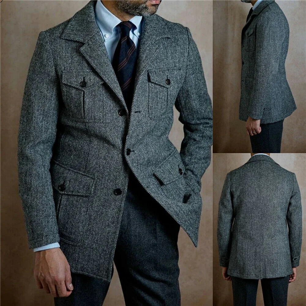 Retro business slim fit tweed herringbone men's suit