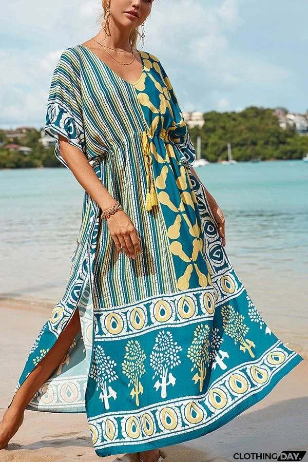 Rayon positioning print drawstring holiday dress sunscreen shirt