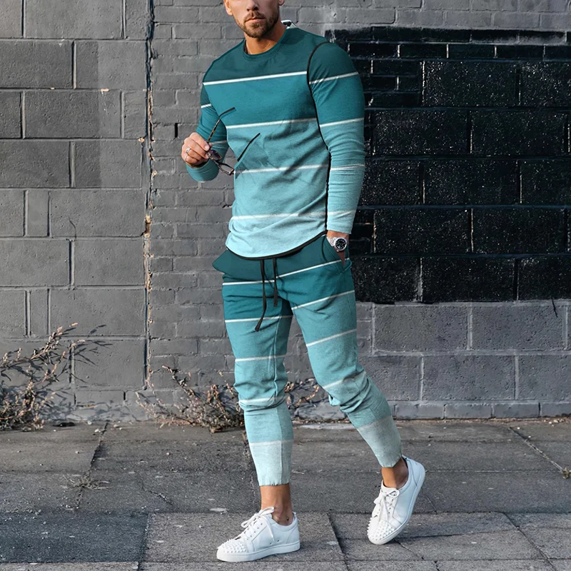 Men's Gradient Color Striped Long Sleeve T-Shirt And Pants Co-Ord