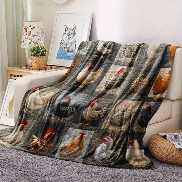 🎄Weihnachtsverkauf🎅Vintage Plaid-Decke mit Hahn-Motiv