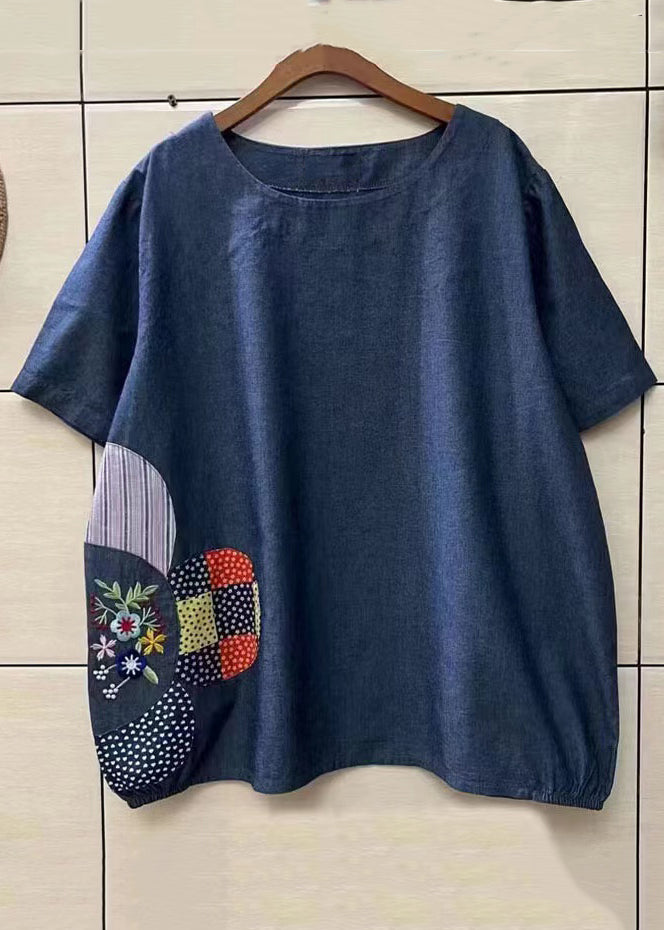 Finegina Loose Navy O Neck Embroideried Patchwork Denim T Shirt Top Summer 