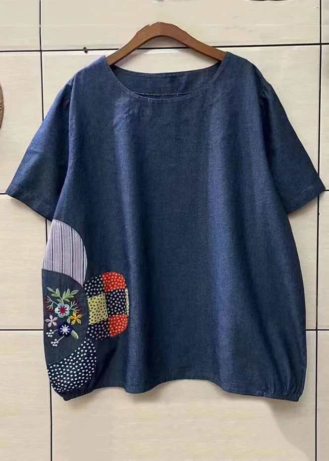 Loose Navy O-Neck Embroideried Patchwork Denim T Shirt Top Summer