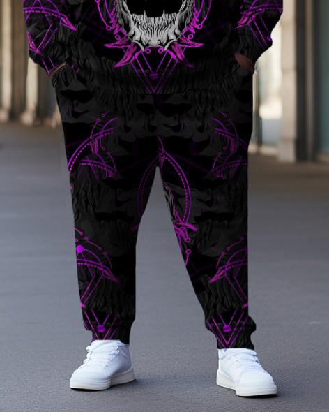 Big & Tall Men's Flame Purple Skull Graffiti Hoodie Two Piece Set