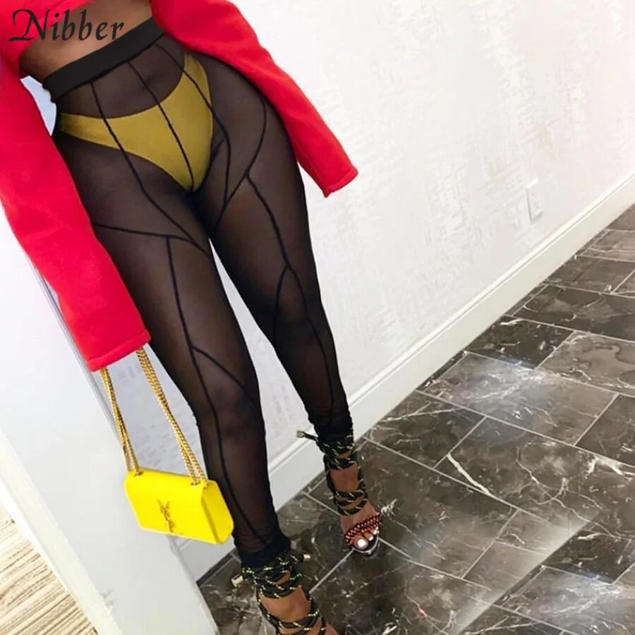 NIBBER see-through pants woman 2021 sexy sexy high-waist patchwork see-through leggings body shaping striped demon style legging