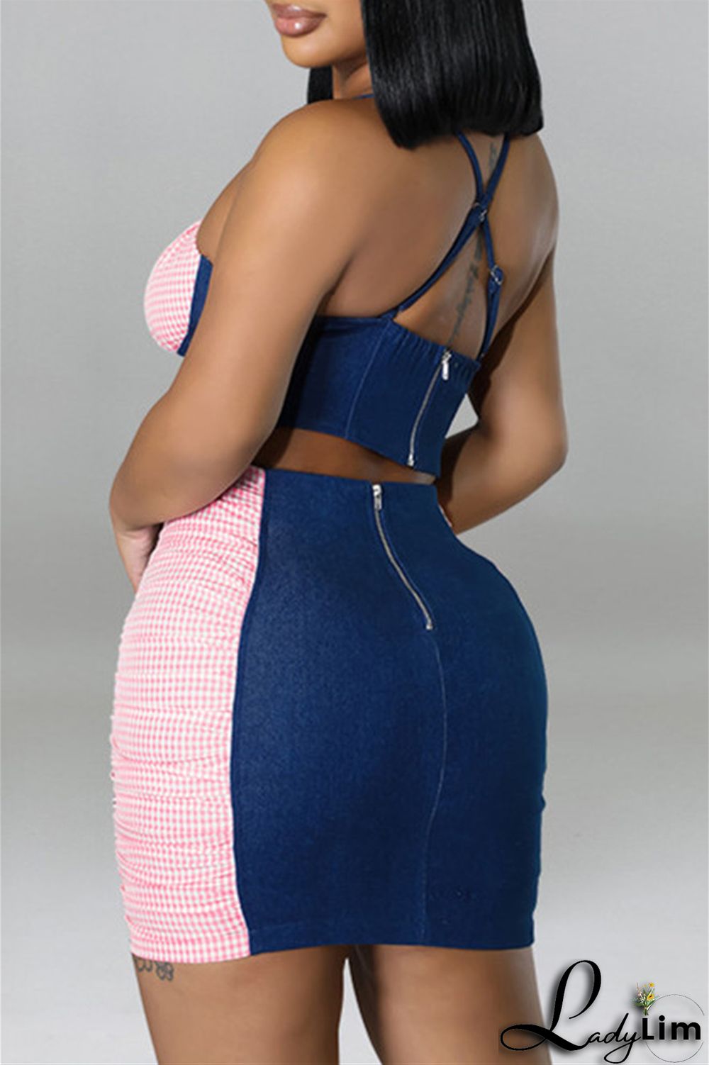 Black Fashion Sexy Plaid Patchwork Backless Asymmetrical Spaghetti Strap Sleeveless Two Pieces