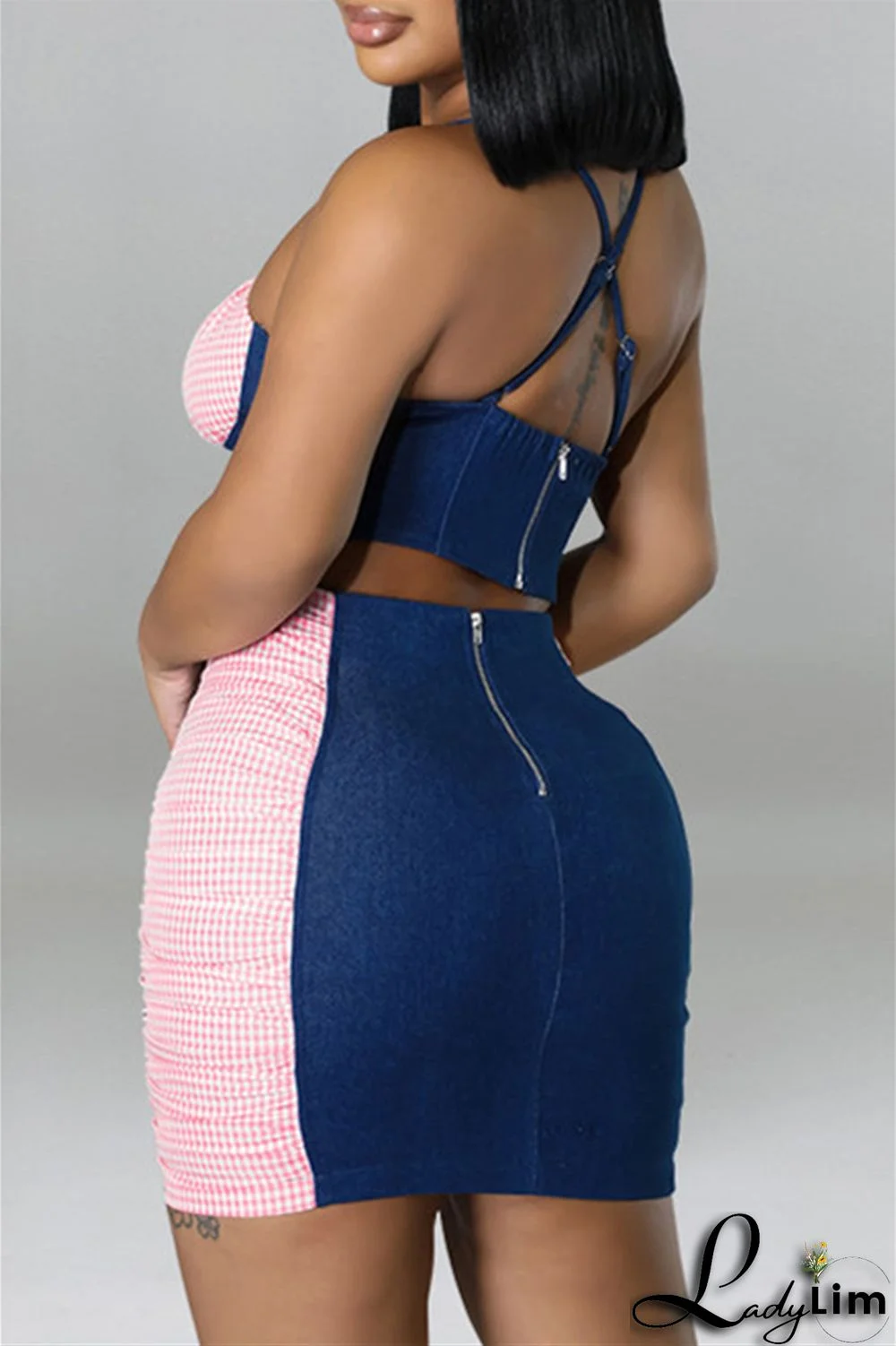 Black Fashion Sexy Plaid Patchwork Backless Asymmetrical Spaghetti Strap Sleeveless Two Pieces