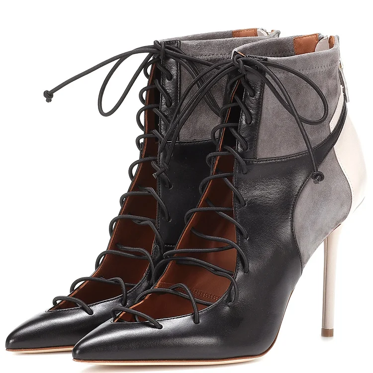 Black Pointy Toe Lace-up Ankle Booties with Stiletto Heels Vdcoo