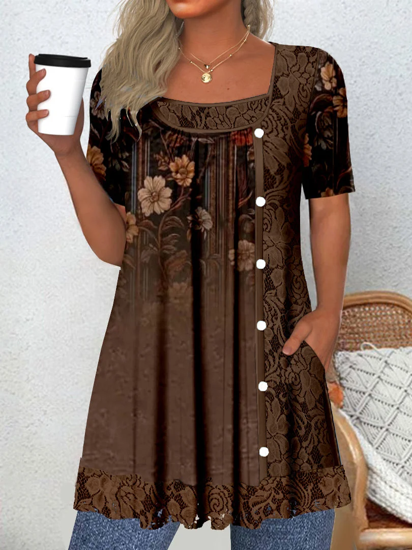 Women's Short Sleeve Scoop Neck Graphic Lace Tops