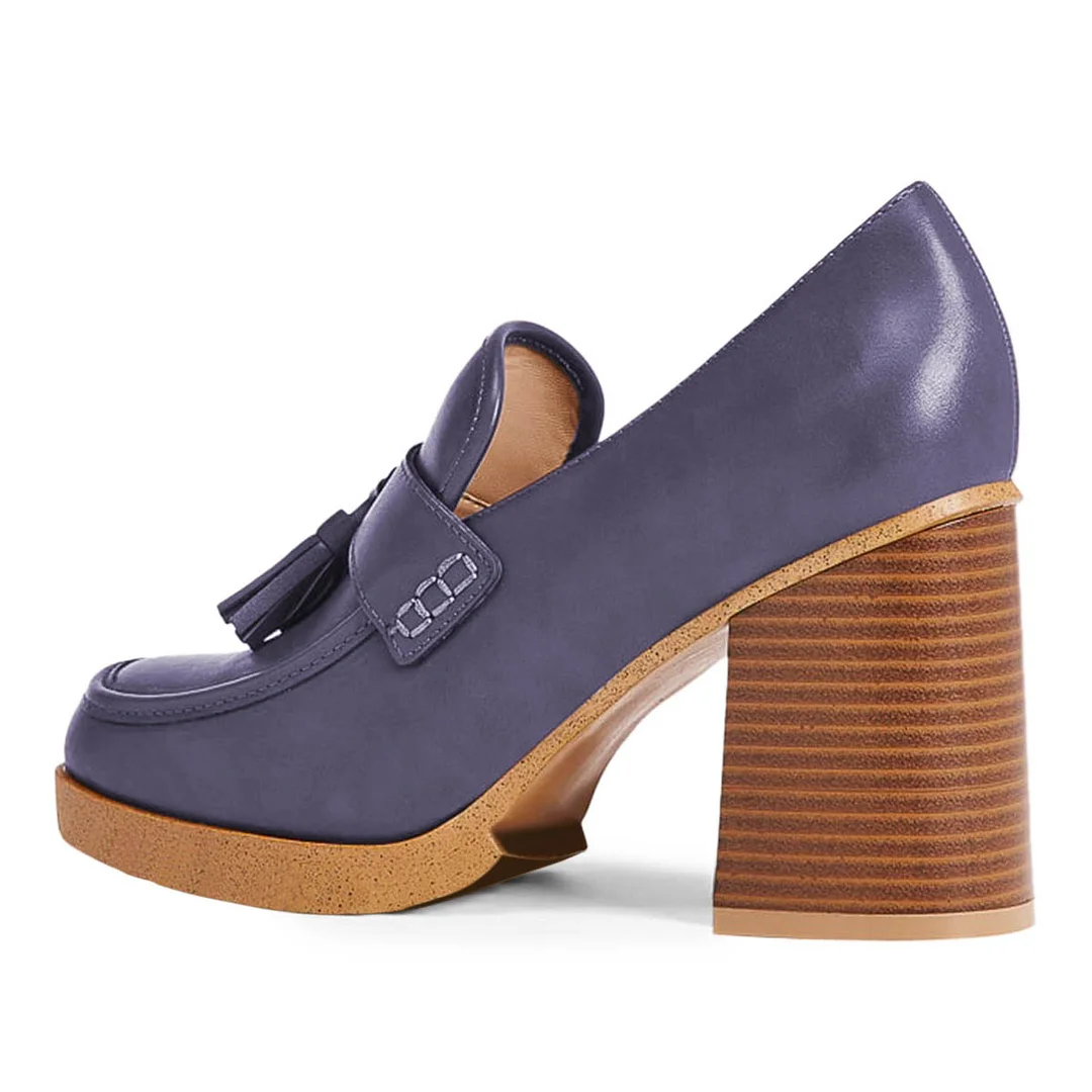 Purple Vegan Leather Tassel Accents Square Toe Loafer Heels