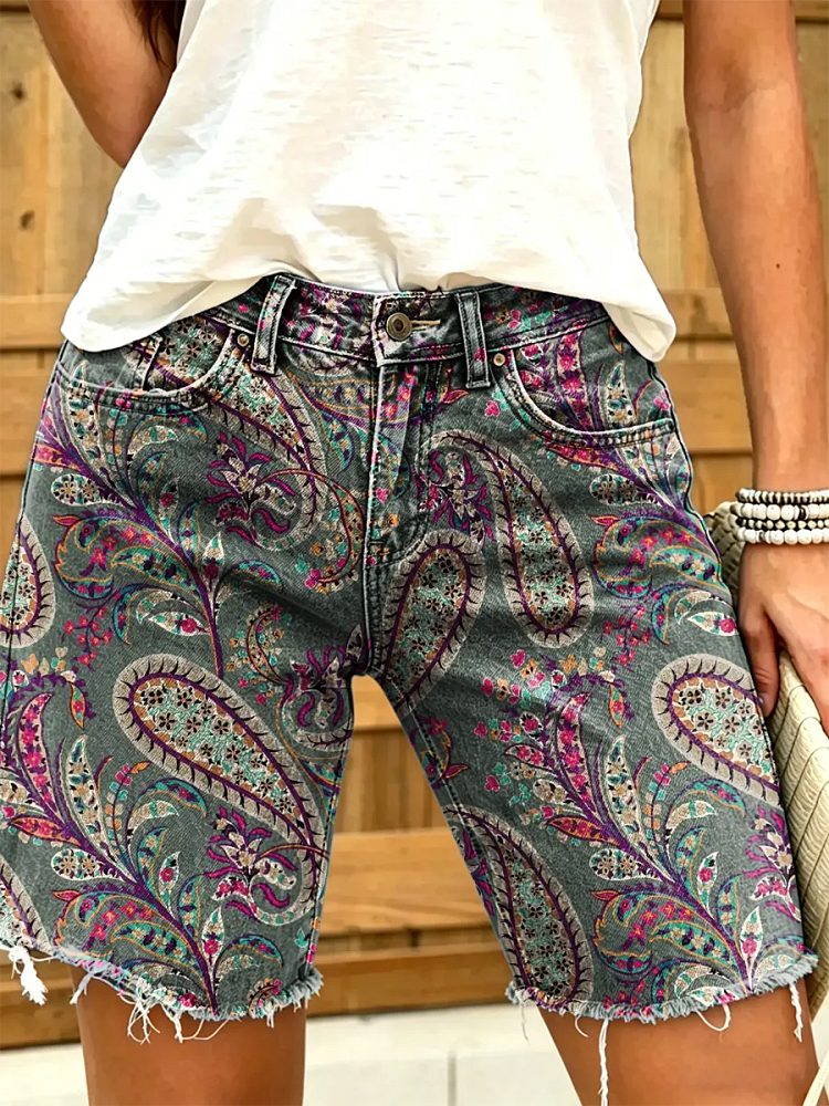 Vintage Ethnic Paisley Women's Art Print Casual Denim Shorts