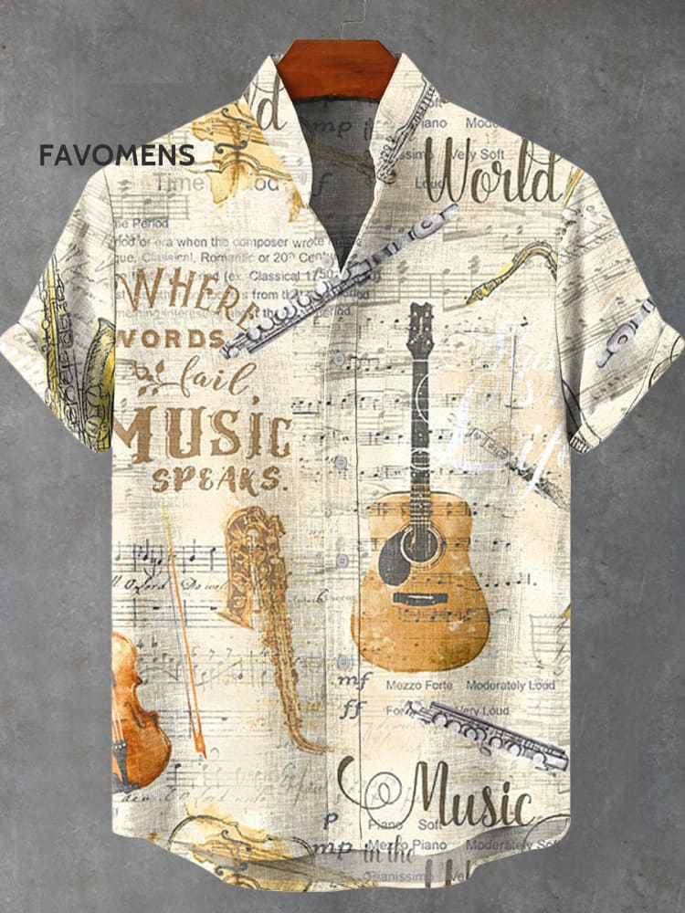 Colorful Retro Musical Instruments And Sheet Music Decorative Pattern Casual 100% Cotton Shirt