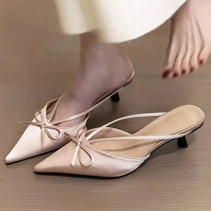 Yyvonne Tip Fine Heel Half-Slipper Wearing 2025 New Muller Shoes Baotao Bow Cloth Cold Slippers
