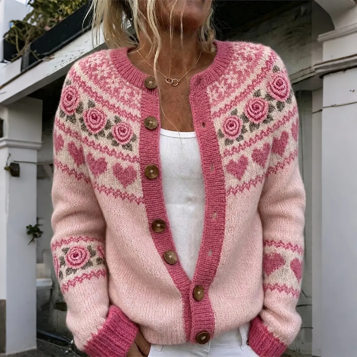Comstylish Women's Breast Cancer Awareness Month Rose Heart Graphic Icelandic Cardigan