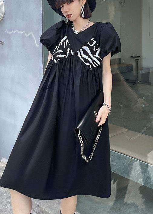 Casual Black Striped Cotton O Neck Cinched Dress