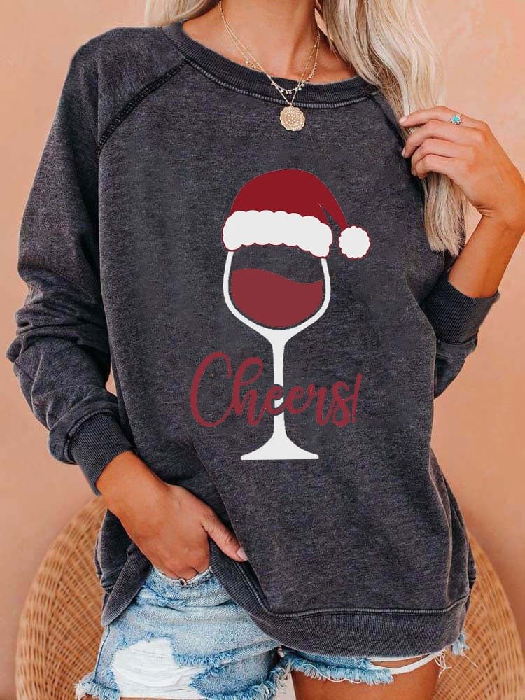 Women's Christmas Cheers Wine Glass Print Casual Sweatshirt