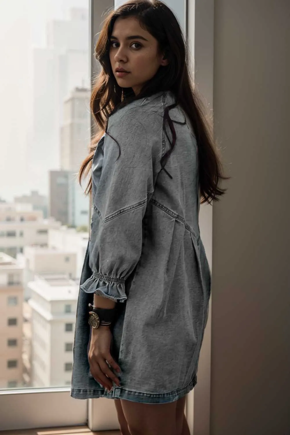 chic gray denim mini dress with button detail