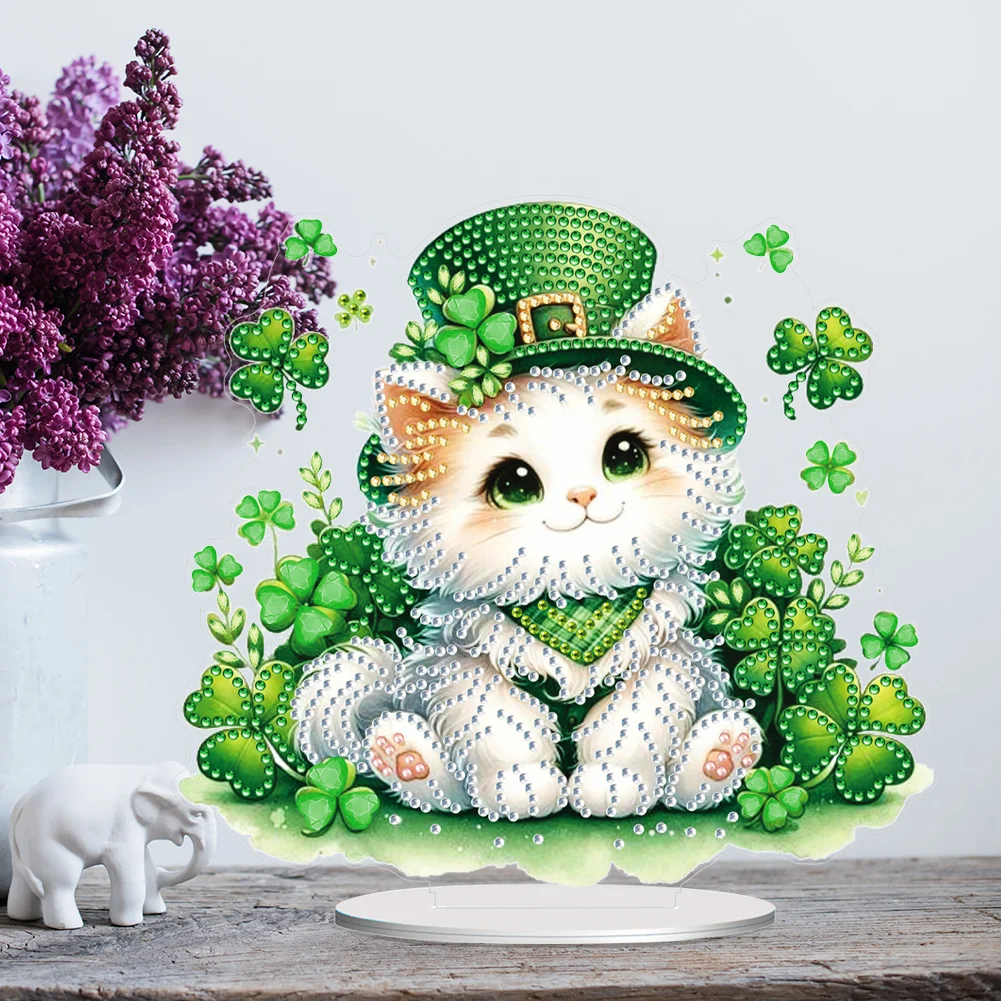 DIY St. Patricks Day Cat Diamond Painting Tabletop Ornaments Bedroom Table Decor