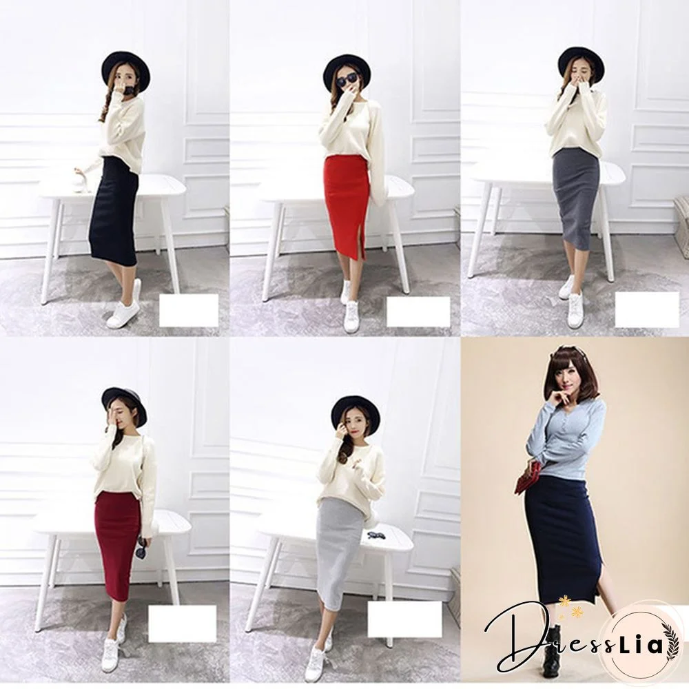 Women Summer Fashion Skirts All-Match Slim Hip Package Dress Soild Color Split Skirts