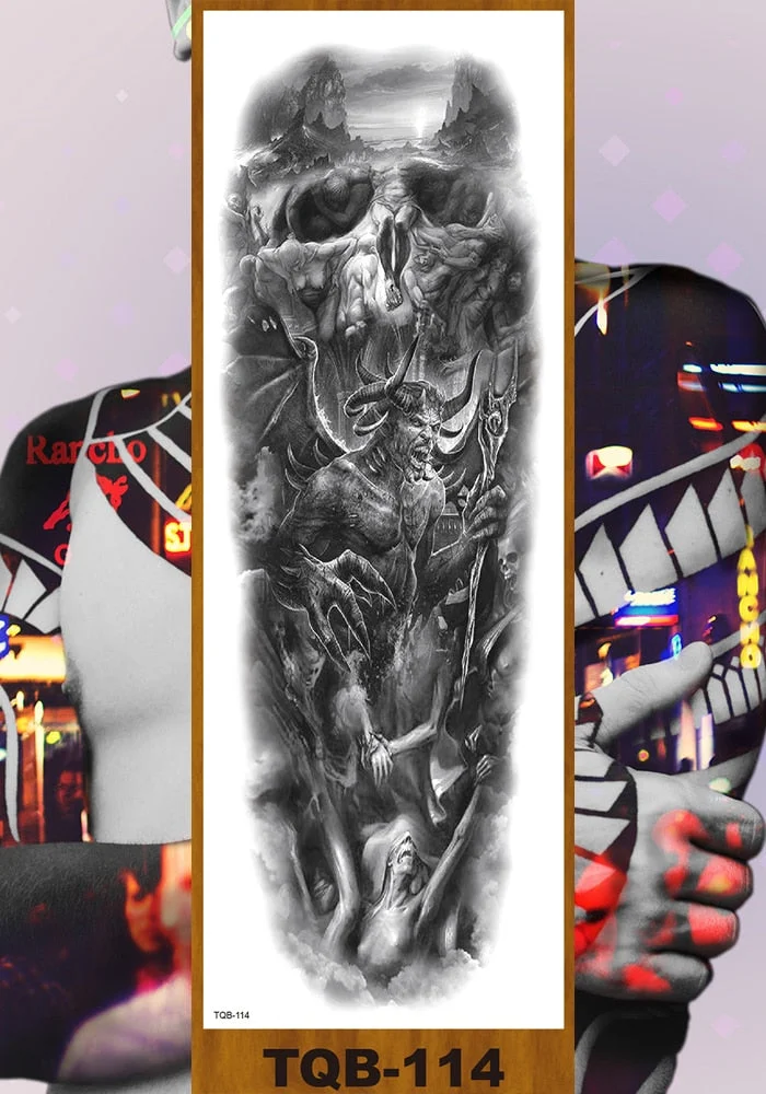 Full Flower Arm Temporary Tattoo Sticker Man Woman Body Leg Fake Tatoo Skull Night Demon Grim Reaper Good and Evil Waterproof