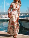 Floral Print Deep V-Neck Long Sleeve Empire Fashion Maxi Dress