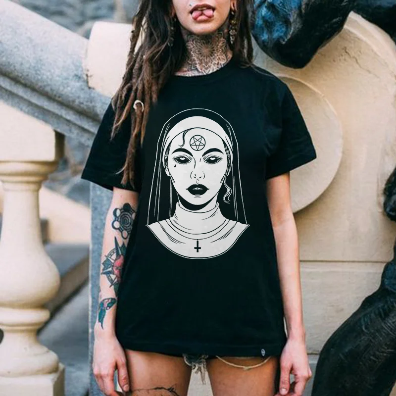 The Pentagram Nun Printed Women's T-shirt -  