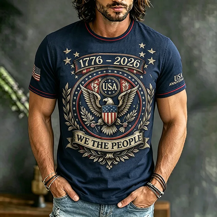 Men's Retro Independence Day Eagle Pattern Casual T-shirt