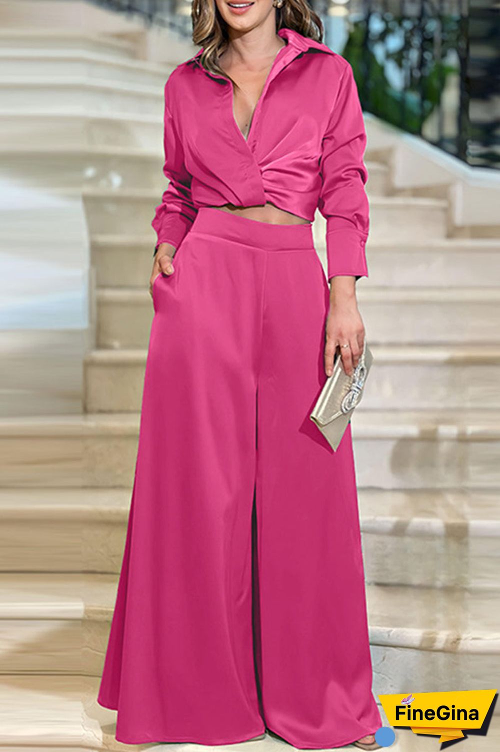 Elegant Solid Fold Turndown Collar Long Sleeve Two Pieces(4 Colors)