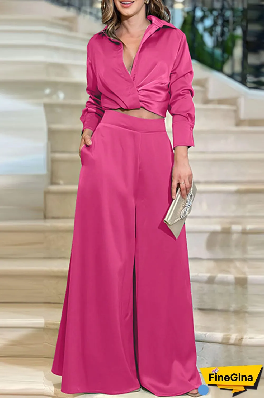 Elegant Solid Fold Turndown Collar Long Sleeve Two Pieces(4 Colors)