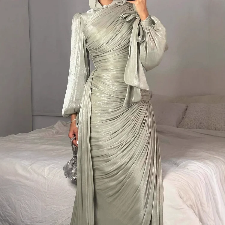 Elegant Solid Color Trailing High Waisted Long Sleeved Wedding Party Maxi Dresses Elegant Solid Color Trailing High Waisted Long Sleeved Wedding Party Maxi Dresses