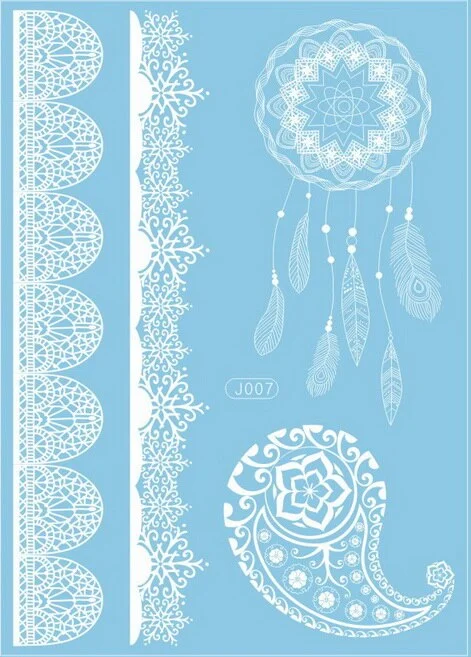 1sheet White Lace Henna Flash Tattoo Butterfly Feather Fake Temporary Tatoo Sticker Summer Style Body Art Beauty Jewelry J017