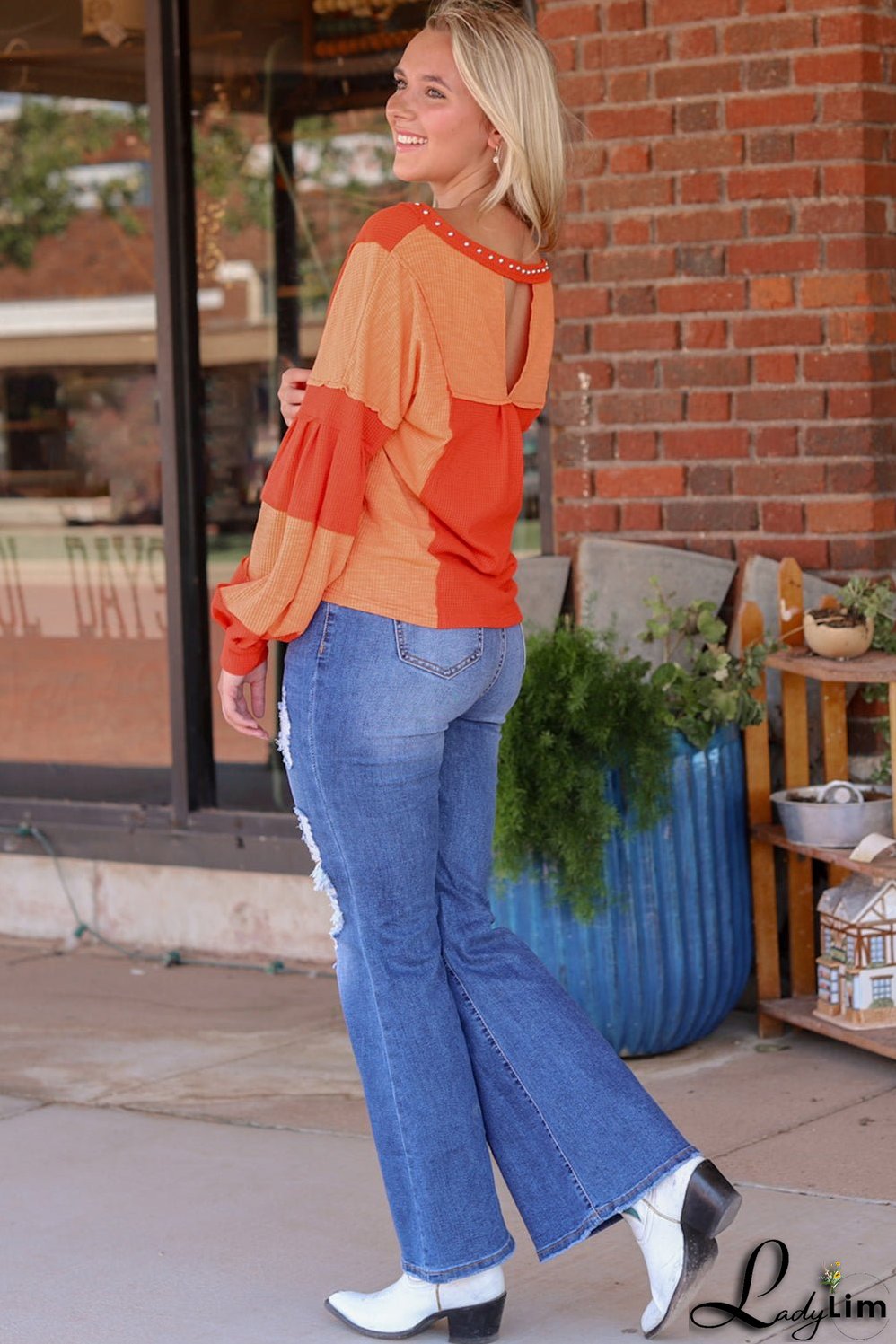 Studded V Neckline Textured Knit Top