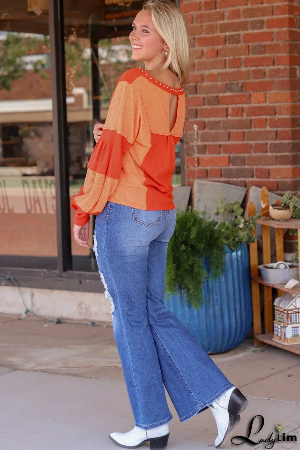 Studded V Neckline Textured Knit Top