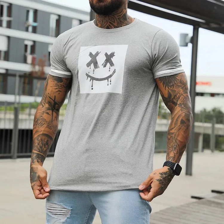 BrosWear Casual Gray Smiley Print T-Shirt