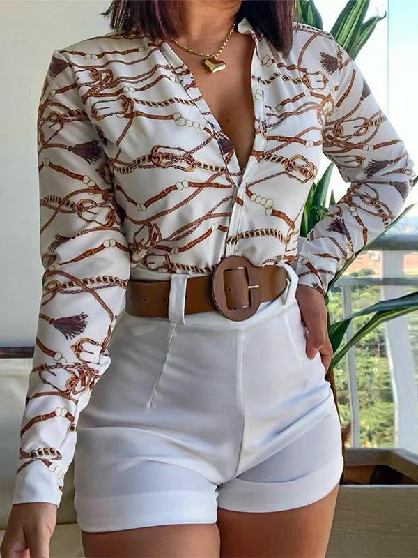 Long Sleeves Buttoned Print Deep V-Neck Shirts Top +Belted Shorts Bottom Two Pieces Set