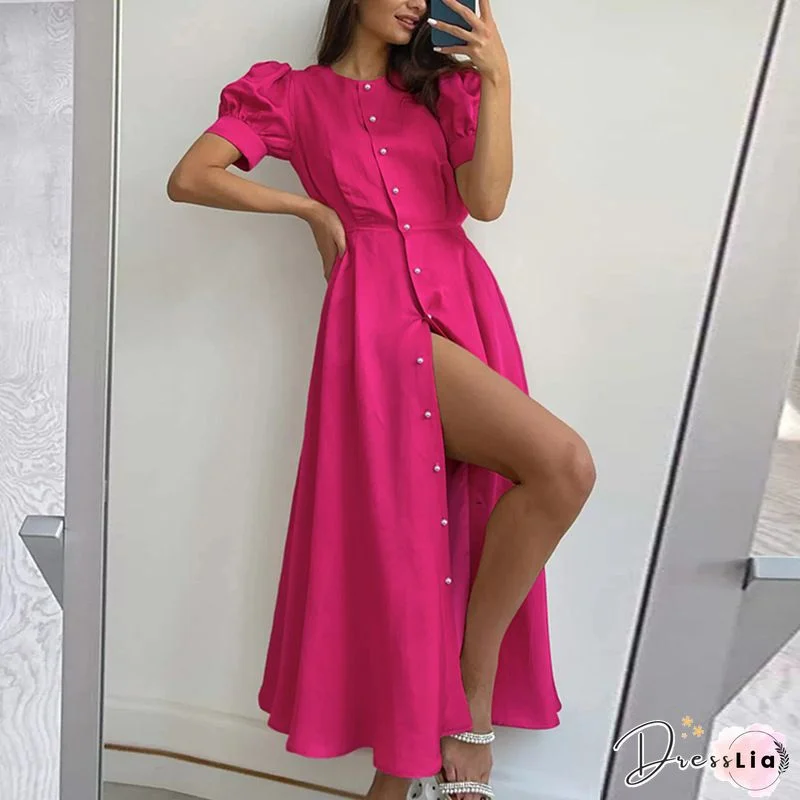 Women Stain Swing Long Dress Belted Puff Short Sleeve V Neck Loose Casual Party Cocktail Dress Vestidos
