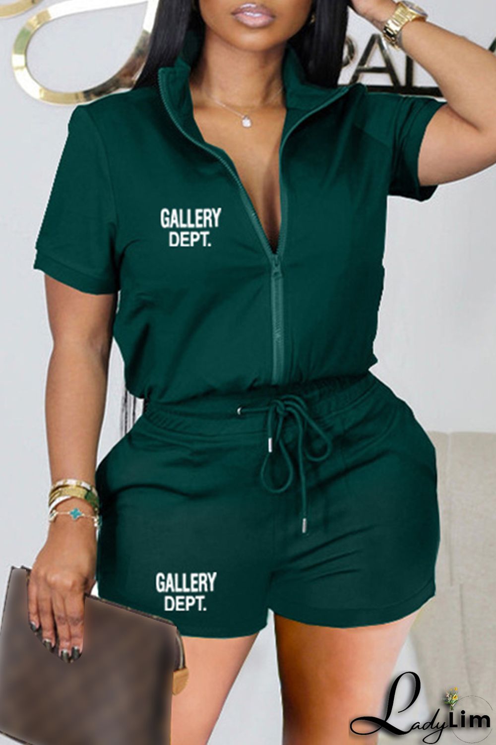 Yellow Casual Letter Print Basic Zipper Collar Short Sleeve Two Pieces