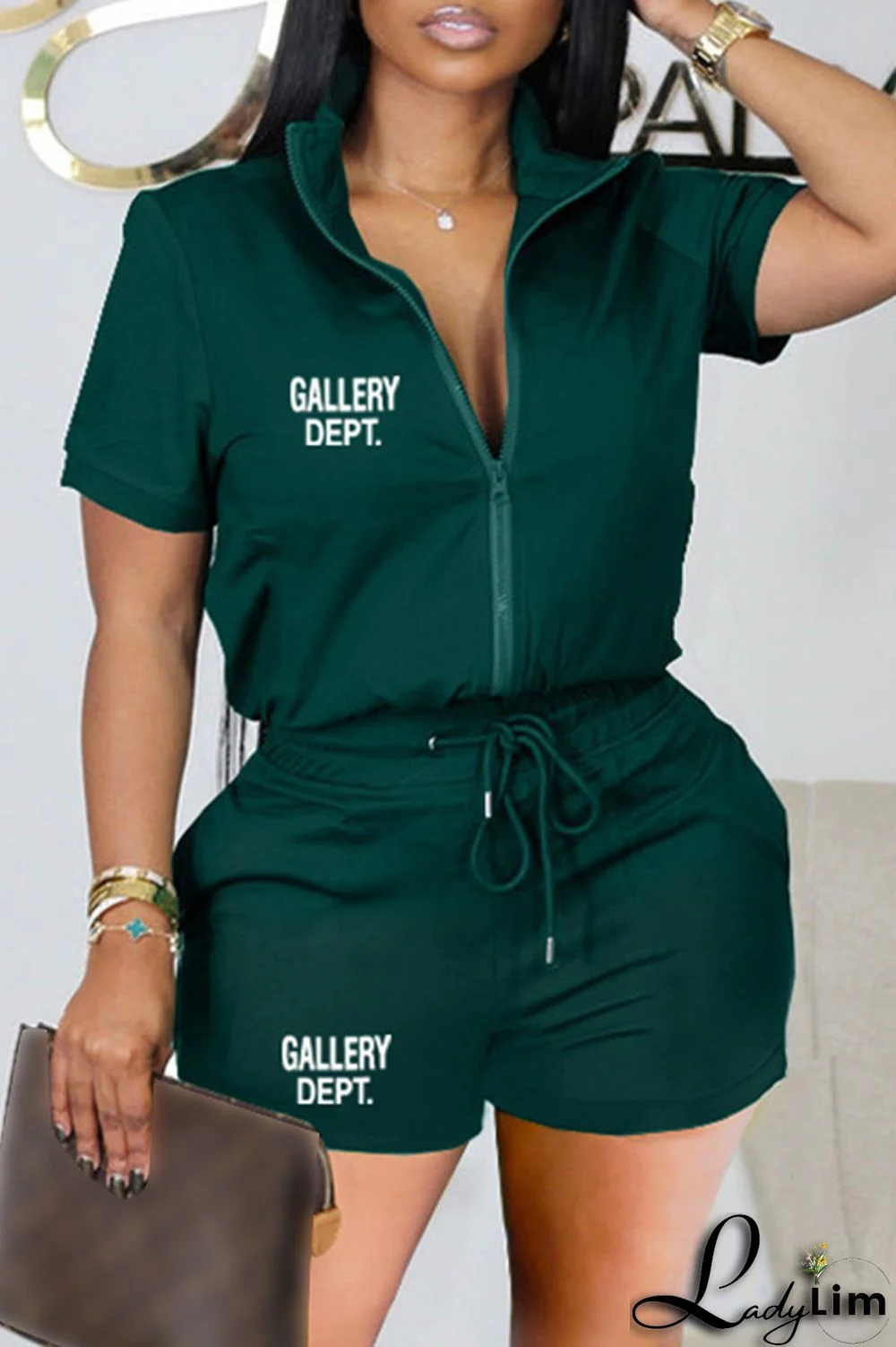 Yellow Casual Letter Print Basic Zipper Collar Short Sleeve Two Pieces